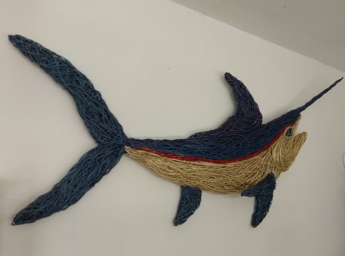 7 foot long willow Marlin sculpture made from dyed willow.