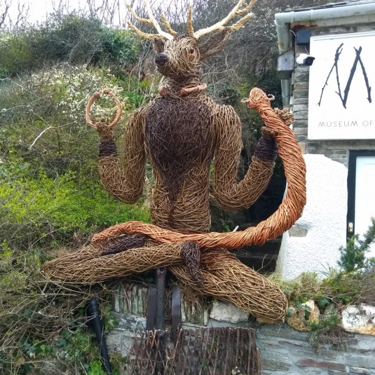 8 foot high Willow sculpture of Cernunnos, the Horned God. Made of various willows.