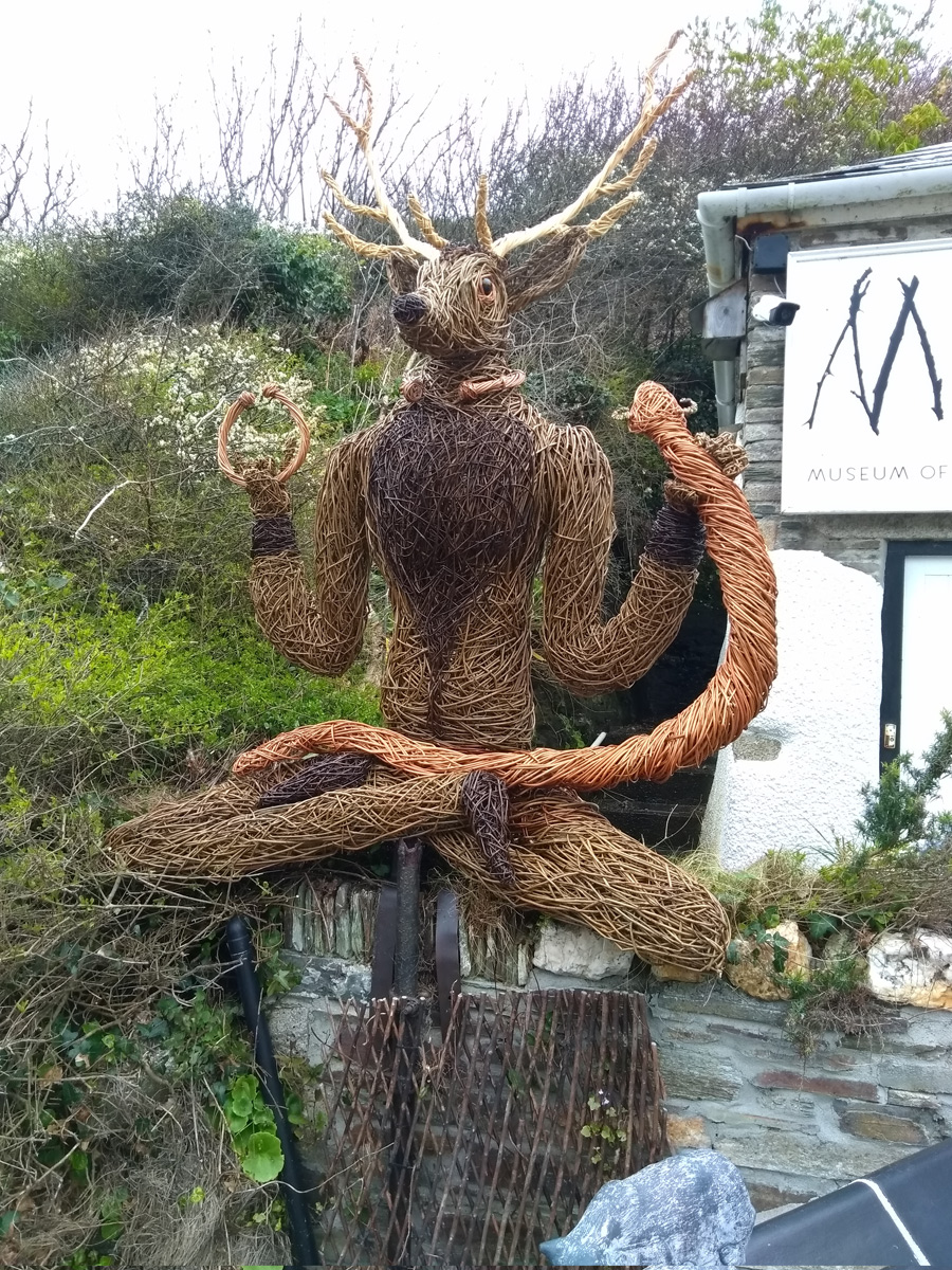 8 foot high Willow sculpture of Cernunnos, the Horned God. Made of various willows.