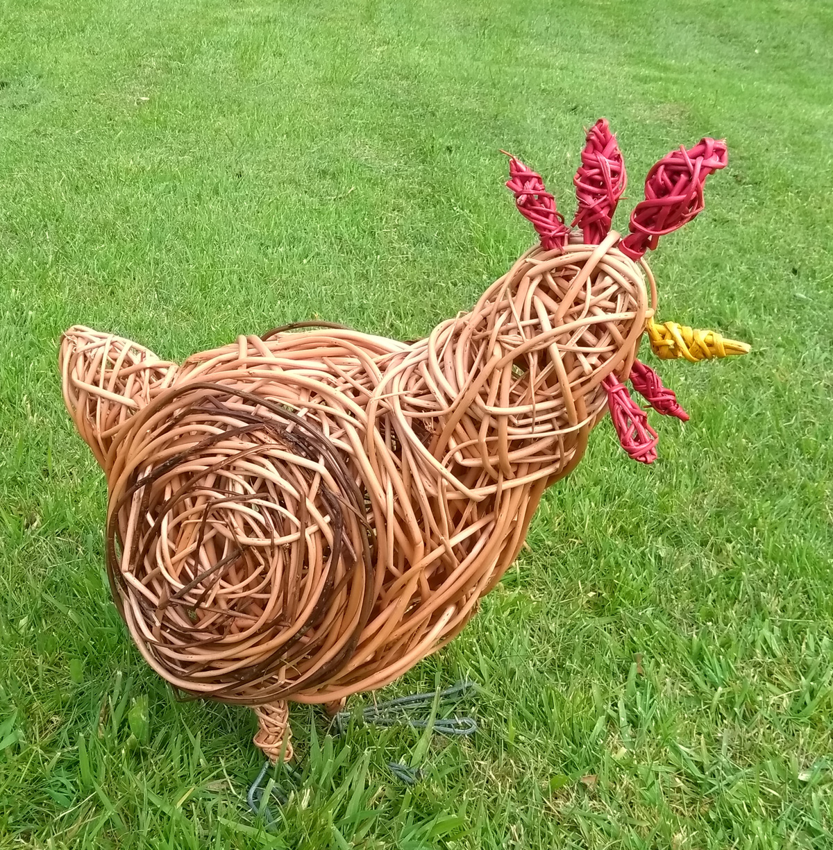 Willow sculpture of a chicken, made of willows and wire legs