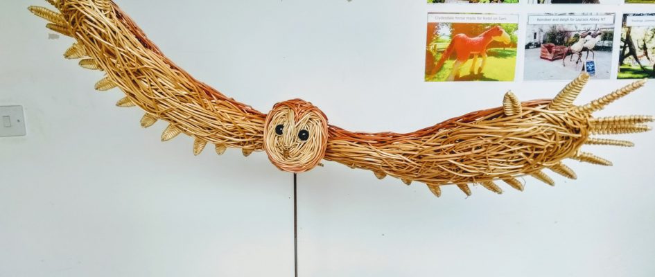 I made this flying barn owl from white and buff willow with glass eyes.